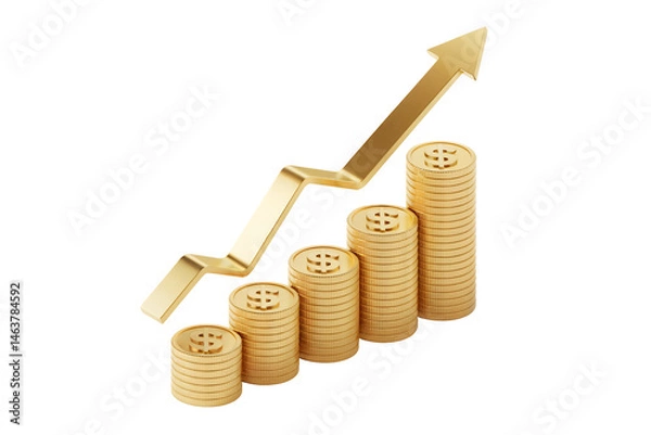 Fototapeta 3D rendering of stacks of gold coins with upward arrow, concept for financial growth and investment