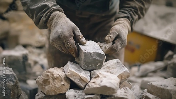 Fototapeta Construction Worker Handling Stone Blocks