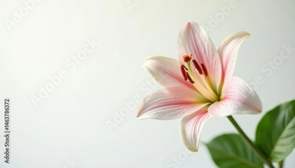 Fototapeta Single lily flower in focus on white background with soft light, gardenia, flower photography, floral arrangement