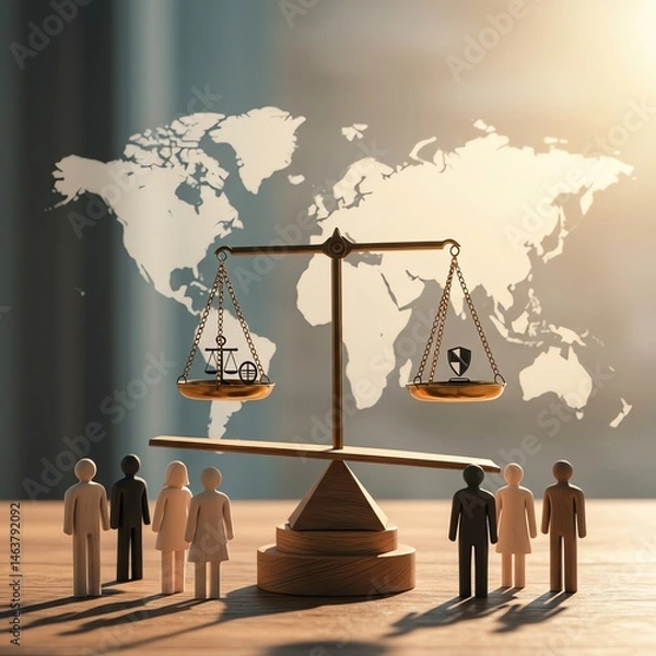 Fototapeta Global justice concept with diverse figures and balanced scales on world map