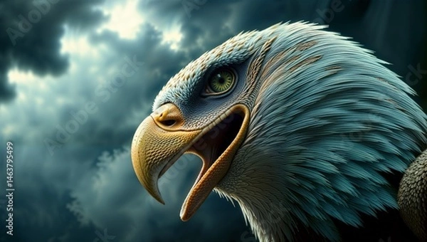 Fototapeta A fierce bald eagle, sharp beak and intense yellow eyes