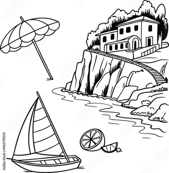 Obraz A vector illustration showcases a set of summer icons featuring a sailboat sailing on the sea under the summer sun, perfect for travel and vacation designs