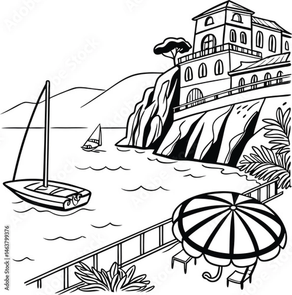 Obraz A vector illustration showcases a set of summer icons featuring a sailboat sailing on the sea under the summer sun, perfect for travel and vacation designs