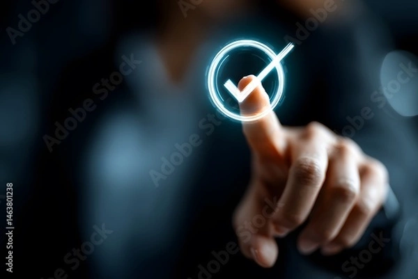 Fototapeta Finger pressing glowing checkmark digital approval successful completion technology business concept