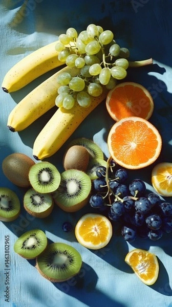 Fototapeta Assorted fresh fruit, including bananas, grapes, oranges, kiwi, and blueberries, arranged on a blue surface