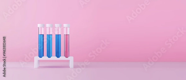 Obraz four test tubes filled with blue and pink liquids on a white stand