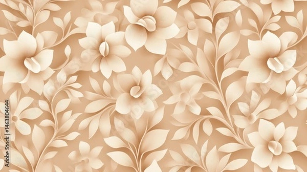 Obraz Elegant floral pattern featuring soft beige flowers and leaves on a textured background