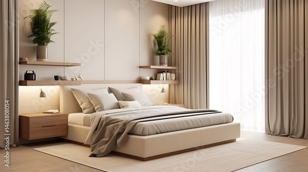 Obraz Neutral interior with warm tones, platform bed, dark beige curtains, and slab-style bedside table, 3d render