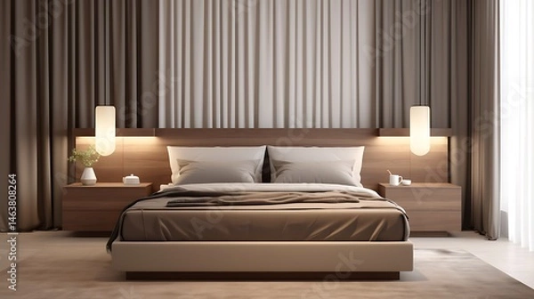 Obraz Neutral interior with warm tones, platform bed, dark beige curtains, and slab-style bedside table, 3d render