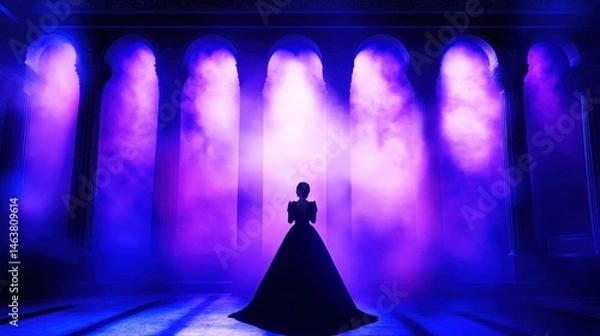 Obraz A silhouette of a figure in a dramatic gown stands amidst colorful fog in a grand hall