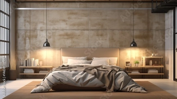 Obraz Soft industrial bedroom with taupe and off-white layered bedding, monolithic ceiling, warm lighting, 3d render