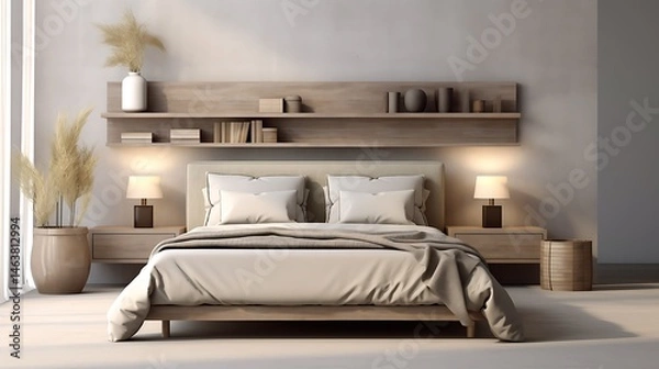Obraz Soft natural bedroom with gray textured surroundings, tan bedding, fabric headboard wall, and open shelf design, 3d render