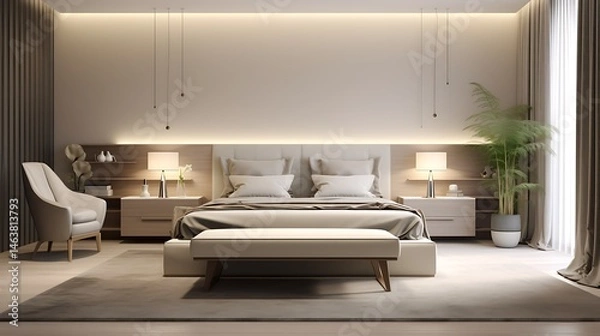 Obraz Sophisticated bedroom with taupe and almond furnishings, low bed, and wall-integrated lights, 3d illustration