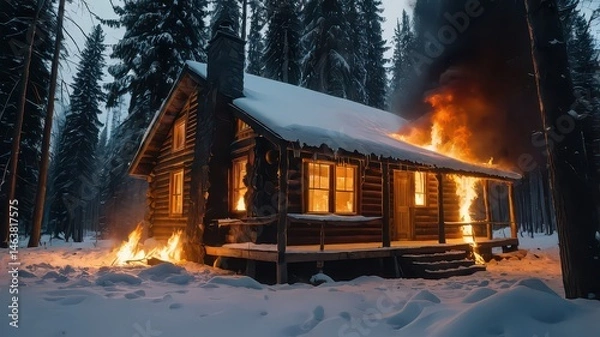 Fototapeta A snow covered log cabin engulfed in flames with a snowy forest in the background at nighttime