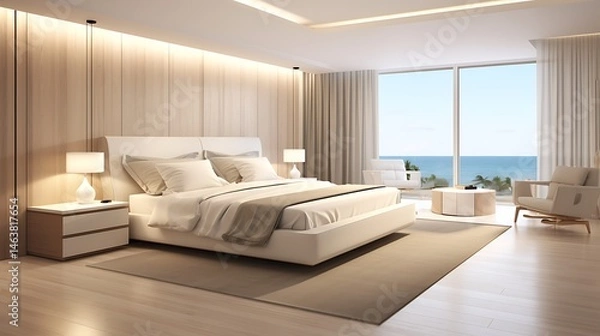 Obraz Spacious bedroom with taupe and sand furnishings, modular design, ambient recessed lighting, 3d rendering