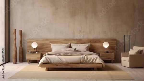 Obraz Wabi-sabi inspired bedroom with natural linens, minimal furnishings, textured walls and ceiling, ambient lighting, 3d rendering