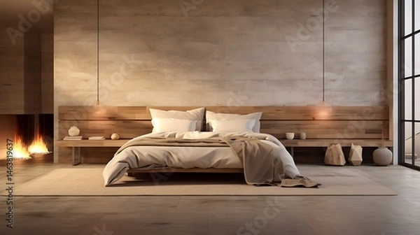 Obraz Wabi-sabi inspired bedroom with natural linens, minimal furnishings, textured walls and ceiling, ambient lighting, 3d rendering