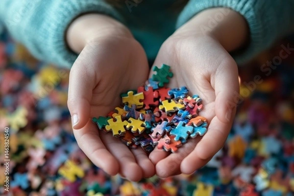 Fototapeta Child holding colorful puzzle pieces in hands.