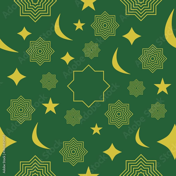 Fototapeta Islamic Geometric Seamless Pattern with Stars and Crescent Moons. Islamic seamless pattern with geometric stars and crescent moons on a green background, ideal for Ramadan or Eid themes.