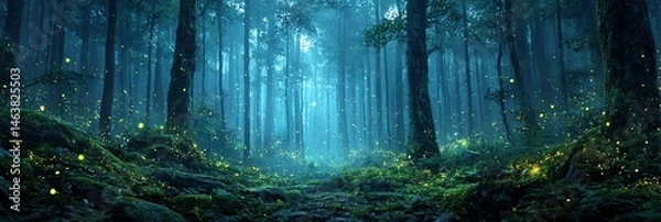 Fototapeta A magical green forest illuminated by floating, glowing fireflies at twilight, creating a dreamy, enchanting natural scene full of wonder and peace.