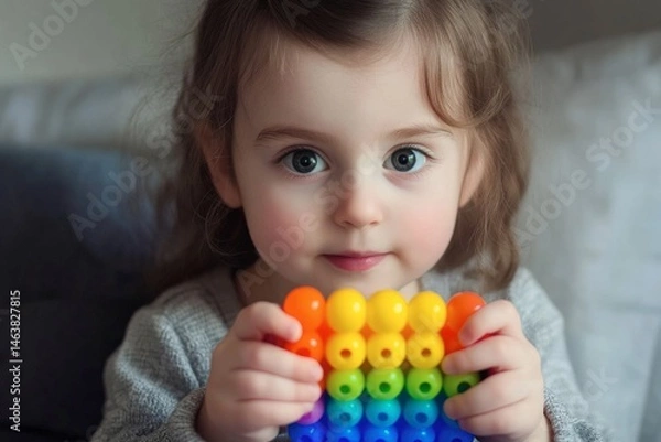 Fototapeta Young girl playing with a colorful pop toy indoors.
