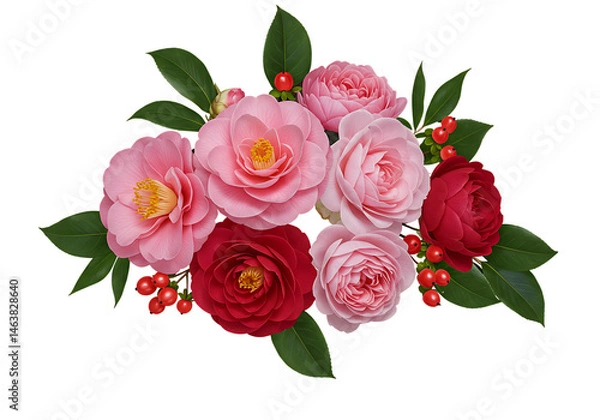 Fototapeta Beautiful bouquet arrangement of camellia flowers in shades of pink and red oIsolated on transparent background