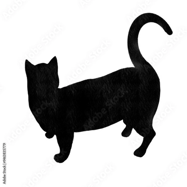 Obraz An illustration of a black cat standing with its back facing the viewer, turning its head to look to the side.