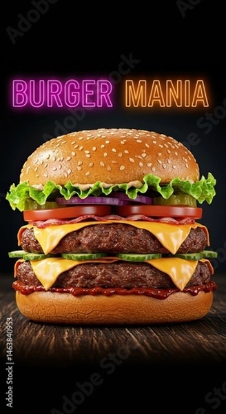 Obraz Delicious double cheeseburger with lettuce and tomato under neon burger mania sign