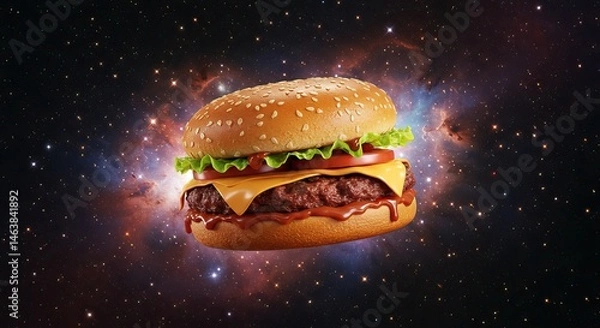 Fototapeta Cosmic cheeseburger with lettuce and tomato floating in outer space – food and astronomy concept