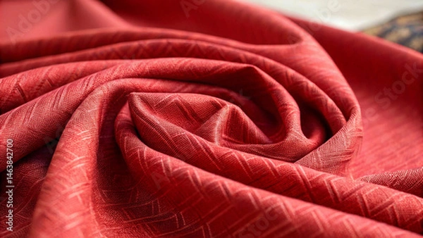 Fototapeta This studio photograph presents a folded expanse of red fabric, highlighting its textured surface and the interplay of light and shadow on its rich color.