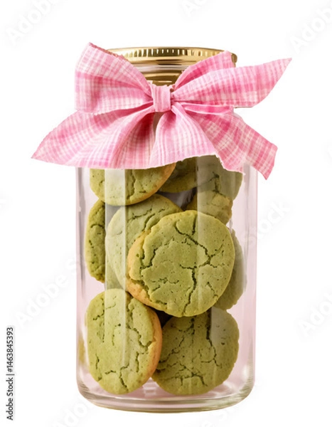 Fototapeta Green tea cookies in a jar tied with a pink bow  Isolated on the background