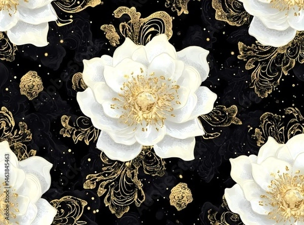 Obraz A seamless pattern of white lace flowers on a black background with gold and silver filigree.