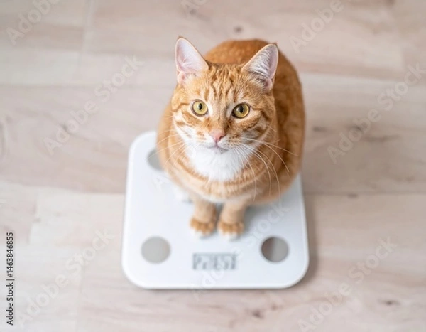 Fototapeta A curious orange cat sits on a pet scale, looking directly at the camera with bright eyes, showcasing its playful personality and healthy weight monitoring
