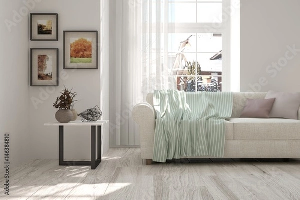 Fototapeta White modern room with sofa. Scandinavian interior design. 3D illustration