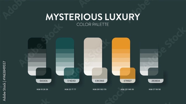 Fototapeta Color palette guide in Mysterious colour theme collections. Color inspiration or chart with codes template. Color combination RGB. Colors swatches for graphic design, art, fashion, website or painting