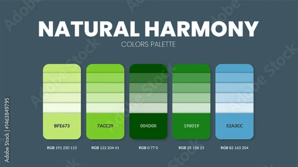 Fototapeta Color palette guide in Natural harmony colour theme collections. Color inspiration or chart with codes template. Color combination RGB. Colors swatches for graphic design, art, fashion, web, painting.