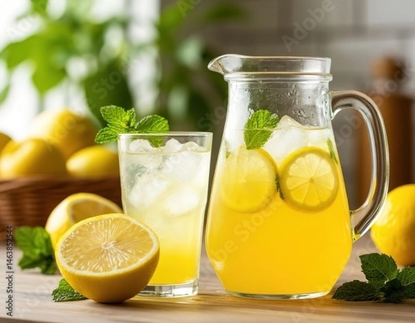 Fototapeta lemonade in glass cup and decanter. refreshing drink