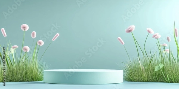 Obraz a minimal podium background with grass and pastel flowers