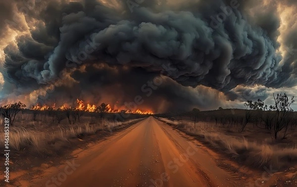 Obraz Photo of massive dark storm clouds over the outback, a dirt road in the foreground.