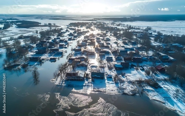 Obraz Aerial view of the town after a spring flood in the Donbas region