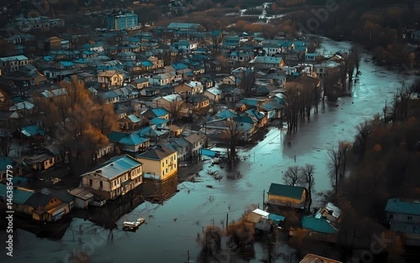 Obraz Aerial view of the town after a spring flood in the Donbas region