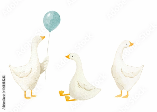 Obraz Cute goose. Adorable farm birds in different poses, funny characters. Childish print, kids textile and nursery decor. Stickers set. Watercolor cartoon flat isolated illustration
