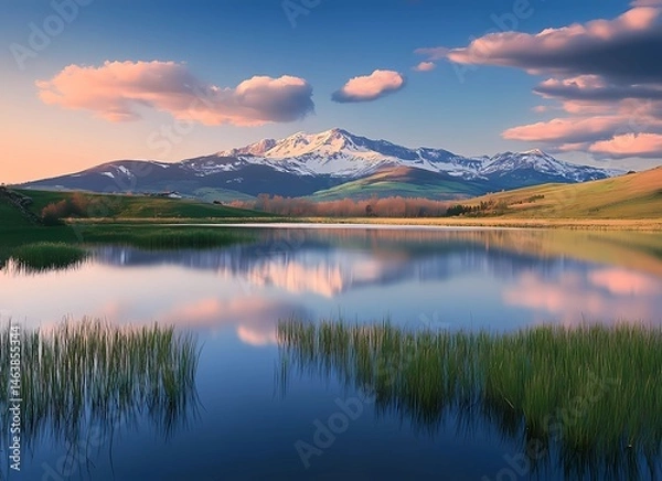 Obraz Beautiful mountain landscape with snow-capped peaks, mirror-like lake