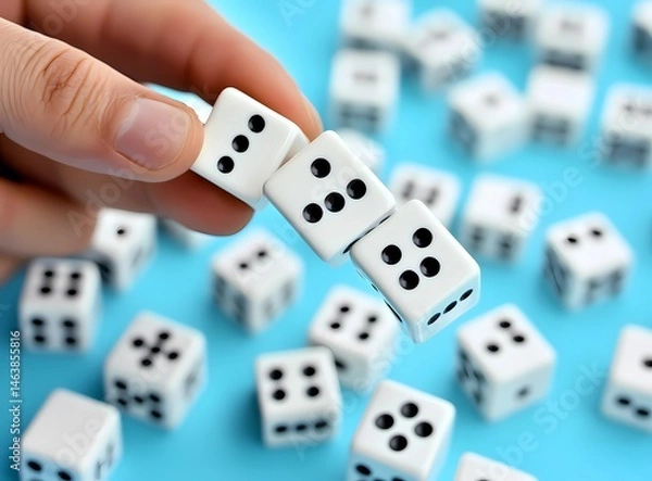 Obraz Photo of a businessman's hand stopping the domino effect on a blue background,