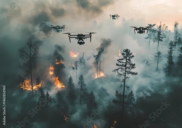 Obraz Drones fighting forest fires in the spring, smoke from burning trees seen on top of mountains