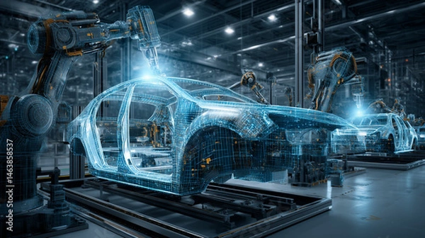 Obraz Robotic Arms building a car in a futuristic automotive factory. Lights and sparks in the factory. Advanced Manufacturing Visualization Digital Twin Technology and Smart Production System