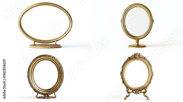 Fototapeta Gold-toned oval and round picture frames on stands