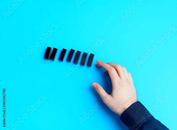 Obraz Photo of a businessman's hand stopping the domino effect on a blue background,
