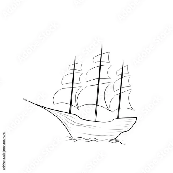 Obraz sketch of a sailing ship on the ocean waves with a white background