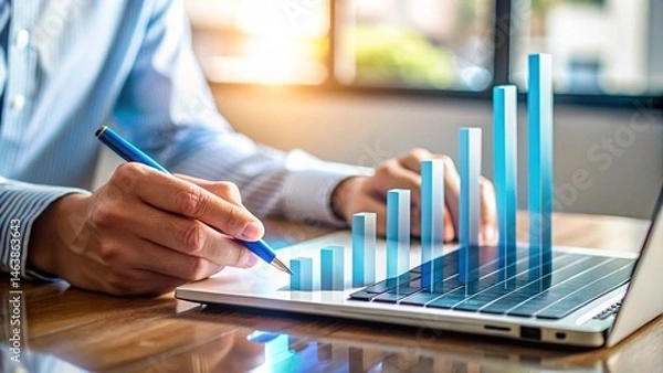 Fototapeta A businessman's hand uses a pen on a digital tablet displaying financial data in the office